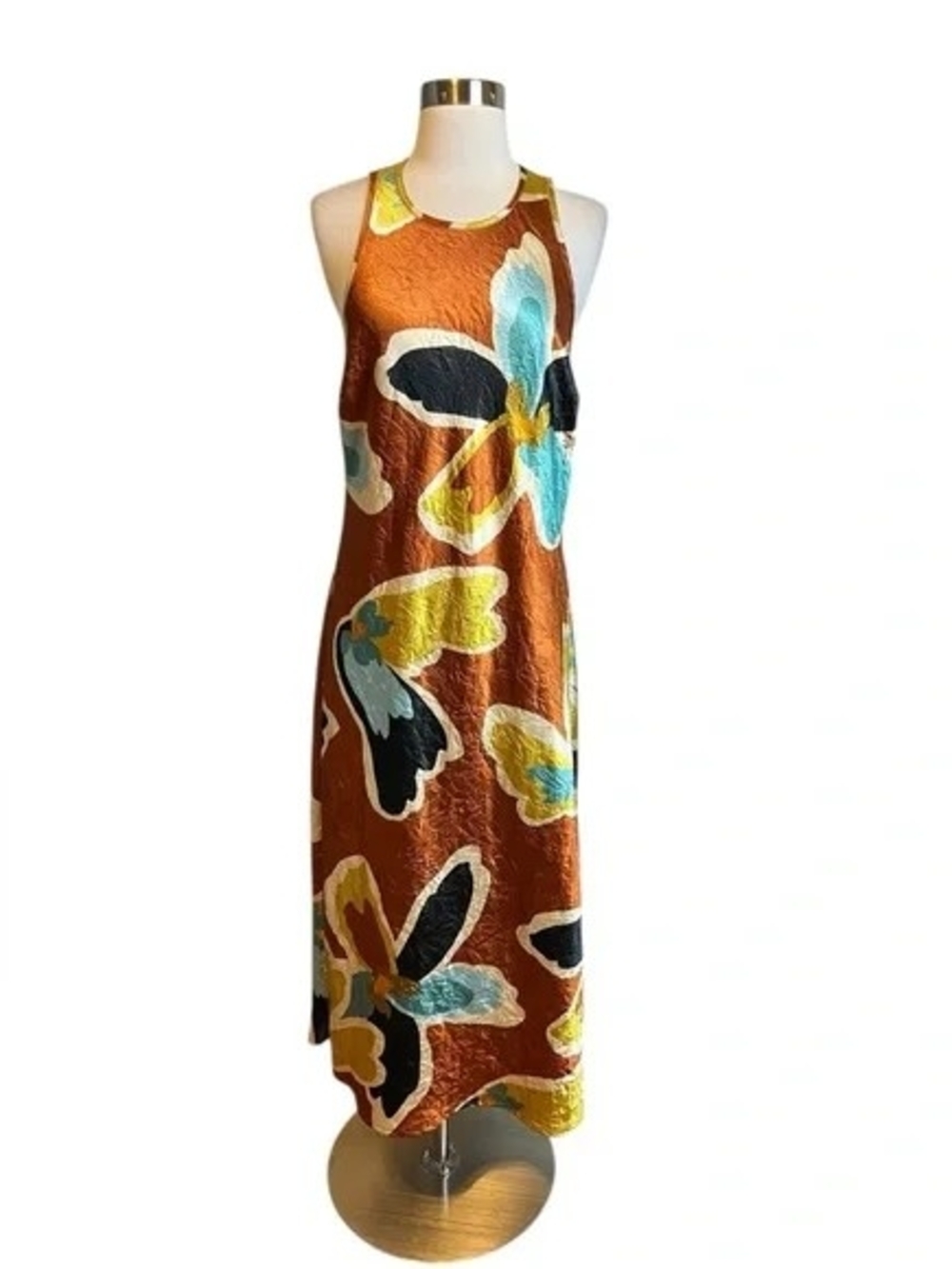 House of Harlow 1960 Brown Floral Maxi Dress with Teal & Yellow Accents